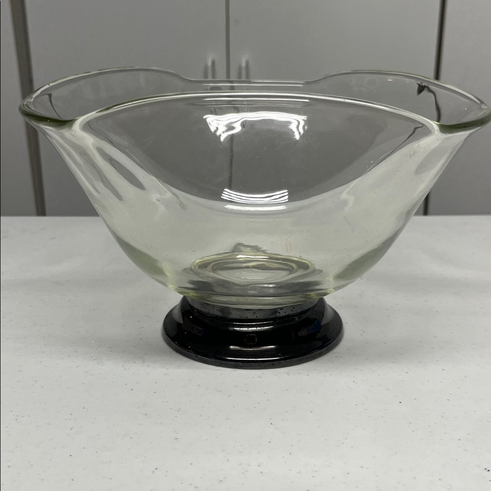 Vintage Heavy Glass Bowl Stainless Steel Base Modern Centerpiece